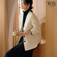【初色】韓版撞色包邊拼接輕薄寬鬆單排釦口袋V領長袖棉衣外套女外套-米白色-38286(M-2XL可選) L 米白色