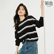 【初色】休閒風條紋印花撞色圓領長袖七分袖T恤上衣女上衣-共2色-37933(M-2XL可選) M 黑色