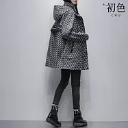 【初色】千鳥格拼接寬鬆中長款防風拉鍊高領連帽長袖風衣外套女外套-黑色-38289(M-3XL可選) M 黑色