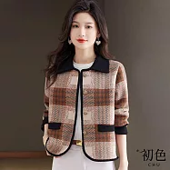 【初色】秋冬翻領短款格紋針織毛衣西裝外套女外套-共3色-37965(F可選) F 黑色