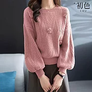 【初色】短版立體裝飾圓領燈籠袖長袖針織毛衣T恤女上衣-共4色-37978(F可選) F 粉色