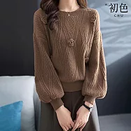 【初色】短版立體裝飾圓領燈籠袖長袖針織毛衣T恤女上衣-共4色-37978(F可選) F 駝色
