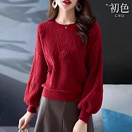 【初色】短版立體裝飾圓領燈籠袖長袖針織毛衣T恤女上衣-共4色-37978(F可選) F 紅色