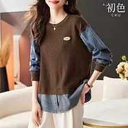 【初色】假兩件拼接撞色圓領長袖毛衣針織大學T恤女上衣-共4色-37985(F可選) F 咖色