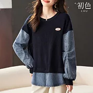 【初色】假兩件拼接撞色圓領長袖毛衣針織大學T恤女上衣-共4色-37985(F可選) F 藏青色