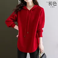 【初色】純色休閒寬鬆大碼中長款連帽長袖針織毛衣打底上衣女上衣-共4色-37991(F可選) F 紅色
