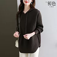 【初色】純色休閒寬鬆大碼中長款連帽長袖針織毛衣打底上衣女上衣-共4色-37991(F可選) F 咖啡色