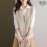【初色】小香風復古麻花休閒百搭V領無袖針織毛衣外搭馬甲背心女上衣-共3色-38000(F可選) F 米駝色