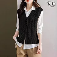 【初色】小香風復古麻花休閒百搭V領無袖針織毛衣外搭馬甲背心女上衣-共3色-38000(F可選) F 黑色