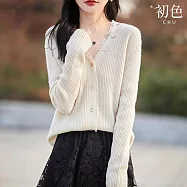 【初色】純色V領長袖毛邊單排釦開衫針織衫上衣女上衣-共4色-38006(F可選) F 米色