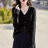 【初色】純色V領長袖毛邊單排釦開衫針織衫上衣女上衣-共4色-38006(F可選) F 黑色