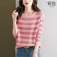 【初色】條紋圓領長袖打底衫針織衫上衣女上衣-共2色-38011(F可選) F 粉色