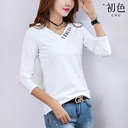 【初色】純色V領英文字母印花長袖修身顯瘦內搭打底簡約T恤上衣女上衣-共3色-38258(M-3XL可選) 3XL 白色