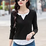 【初色】純色圓領假兩件不規則內搭長袖T恤上衣女上衣-共2色-38260(M-3XL可選) M 黑色