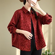 【ACheter】 時尚休閒寬鬆大碼緹花長袖襯衫式外套上衣# 123167 2XL 酒紅色