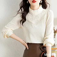 【MsMore】 蕾絲羽毛紗半高領長袖內搭加厚衫長袖短版上衣# 123334 XL 米杏色