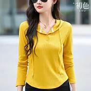 【初色】純色修身顯瘦長袖抽繩連帽T恤上衣女上衣-共3色-38269(M-3XL可選) M 黃色