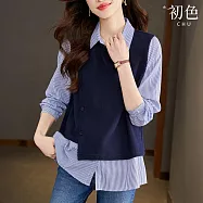 【初色】撞色拼接假兩件條紋襯衫領不對稱馬甲背心長袖寬鬆上衣女上衣-藏青色-38106(M-3XL可選) L 藏青色
