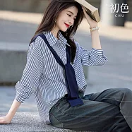 【初色】文藝風寬鬆條紋翻領拼接長袖襯衫上衣女上衣-藏青色-38107(M-2XL可選) M 藏青色