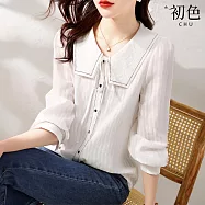 【初色】韓版純色肌理感蝴蝶結單排釦海軍領七分袖長袖襯衫上衣女上衣-白色-38091(M-2XL可選) L 白色