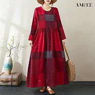 【AMIEE】棉麻度假風旅遊中長款連身裙洋裝(KDDQ-8295) L 紅色格子