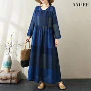【AMIEE】棉麻復古度假風旅遊連身裙洋裝(KDDQ-8644) L 藍色格子