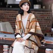 【AnZa】毛呢英倫風格紋流蘇圍巾外套斗篷披肩(3色) FREE 復古棕