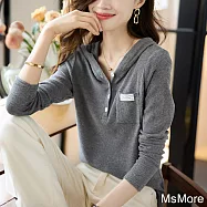 【MsMore】 胸前貼袋設計時尚百搭休閒舒適顯瘦長袖連帽T恤短版上衣# 123507 M 灰色