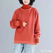 【ACheter】 加絨加厚假兩件高領長袖寬鬆大碼百搭顯瘦中長上衣# 123582 FREE 橘色