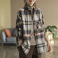 【ACheter】 文藝復古磨毛棉格紋襯衫長袖顯瘦百搭寬鬆中長外罩上衣# 123590 2XL 卡其色