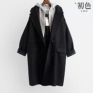 【初色】韓版都市風純色寬鬆假兩件雙排釦口袋西裝領連帽大衣外套女外套-共2款2色-38035(M-3XL可選) L 黑色-常規款