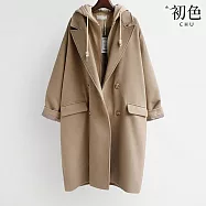 【初色】韓版都市風純色寬鬆假兩件雙排釦口袋西裝領連帽大衣外套女外套-共2款2色-38035(M-3XL可選) XL 卡其色-常規款