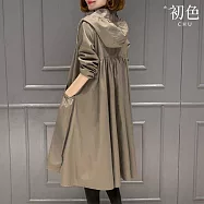 【初色】韓版休閒純色壓褶寬鬆大碼過膝長款連帽風衣外套女外套-共6色-38042(M-4XL可選) M 淺咖色