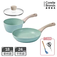 【美國康寧】Snapware 鈦輕量不沾雙鍋組-平煎24cm+單柄18cm(含鍋蓋) 贈剪刀+鍋鏟