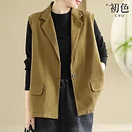 【初色】簡約純色寬鬆顯瘦西裝領口袋馬甲無袖外搭背心女背心-共4色-38044(M-2XL可選) L 黃綠色