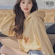 【初色】美式純色寬鬆薄款楓葉印花長袖連帽T恤上衣女上衣-黃色-38127(M-2XL可選) L 黃色