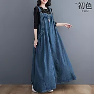 【初色】復古風寬鬆顯瘦牛仔吊帶裙大裙襬中長連衣裙連身洋裝-藍色-38047(M-2XL可選) M 藍色