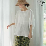【初色】日系簡約棉麻純色寬鬆澎袖五分短袖T恤上衣女上衣-共4色-38073(F可選) F 白色