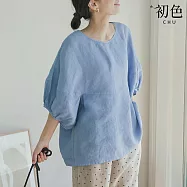 【初色】日系簡約棉麻純色寬鬆澎袖五分短袖T恤上衣女上衣-共4色-38073(F可選) F 淺藍色