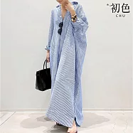 【初色】休閒居家風條紋寬鬆翻領長袖不規則中長連衣裙連身洋裝-共3色-38043(M-4XL可選) M 天藍條紋