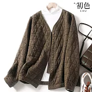 【初色】復古風純色菱格單排釦V領長袖棒球服外套女外套-共4色-38080(M-2XL可選) 2XL 咖色