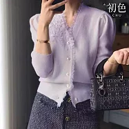 【初色】立體花朵蕾絲拼接純色休閒顯瘦百搭V領長袖針織衫毛衣上衣女上衣-共3色-38024(F可選) F 紫色