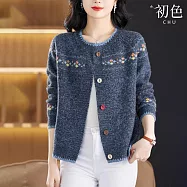 【初色】復古風菱形圖騰撞色邊線圓領單排釦長袖開衫毛衣針織外套女外套-共4色-38249(F可選) F 藍色