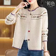 【初色】復古風菱形圖騰撞色邊線圓領單排釦長袖開衫毛衣針織外套女外套-共4色-38249(F可選) F 米色
