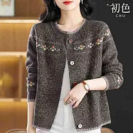 【初色】復古風菱形圖騰撞色邊線圓領單排釦長袖開衫毛衣針織外套女外套-共4色-38249(F可選) F 灰色