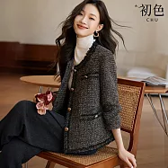 【初色】小香風V領單排釦毛邊長袖短款粗花毛呢大衣西裝外套休閒外套-灰黑色-31854(M-2XL可選) 2XL 灰黑色