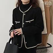 【初色】小香風韓版粗毛呢撞色邊條圓領長袖西裝外套女外套-黑色共兩款-38505(M-4XL可選) 4XL 黑色常規款