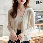 【初色】花邊V領長袖提花珍珠釦針織開衫外套上衣-共3色-30784(F可選) F 白色