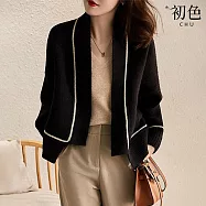 【初色】韓系簡約風明線條開衫寬鬆長袖針織衫外套女外套-黑色-38401(F可選) F 黑色