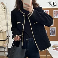 【初色】法式復古小香風撞色包邊珍珠釦寬鬆毛呢圓領開衫長袖外套女外套-共2色-38477(M-XL可選) XL 黑色